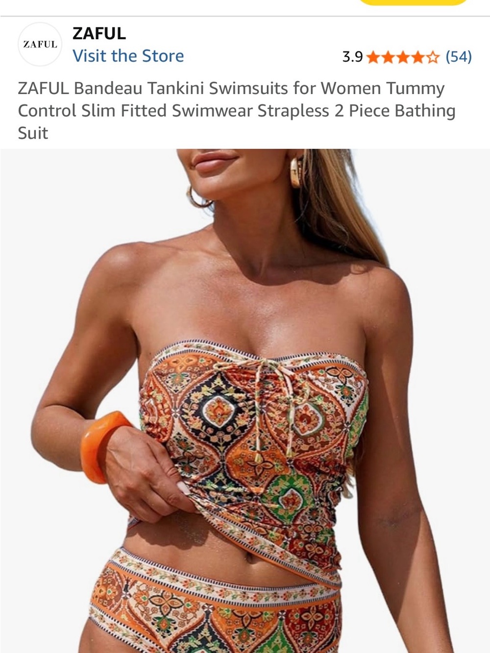 Zaful Orange Multi Paisley Bandeau Tankini
